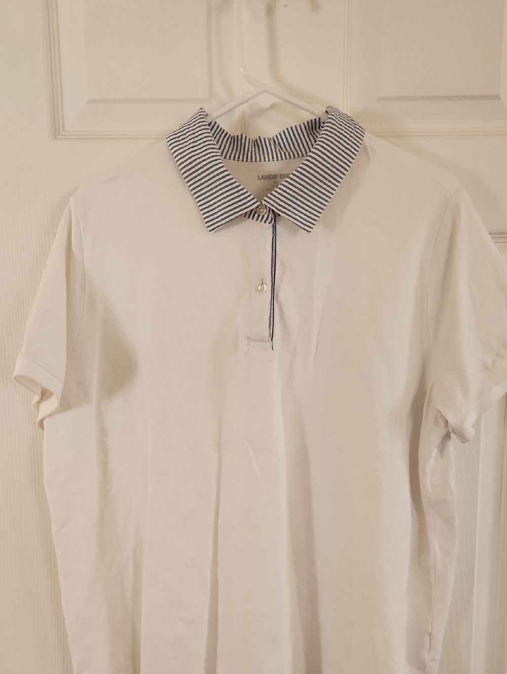Lands End Blue/White Striped-Collar Polo-Type Shirt
